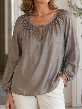 Sachin + Babi for Ankasa 100% Silk Cutout Blouse S Taupe Boho Luxe Top Feminine